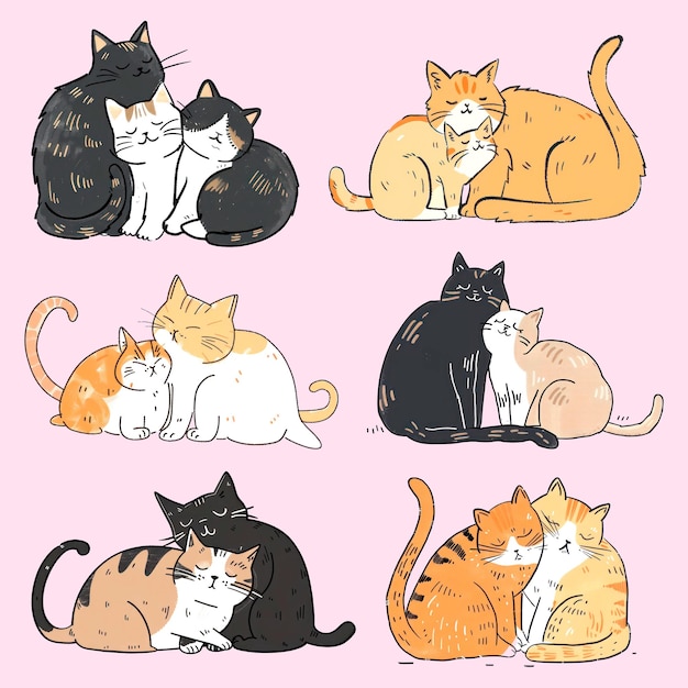 Adorável casal de gatos ilustrações elemento de design psd conjunto