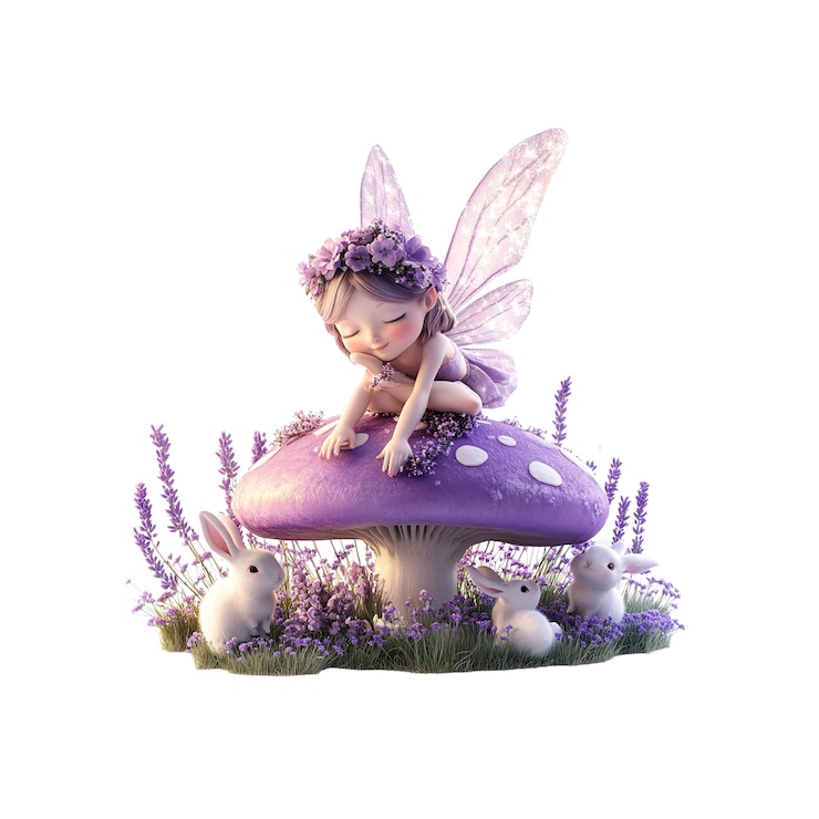 PSD adorável fada da lavanda em cogumelo com coelhos