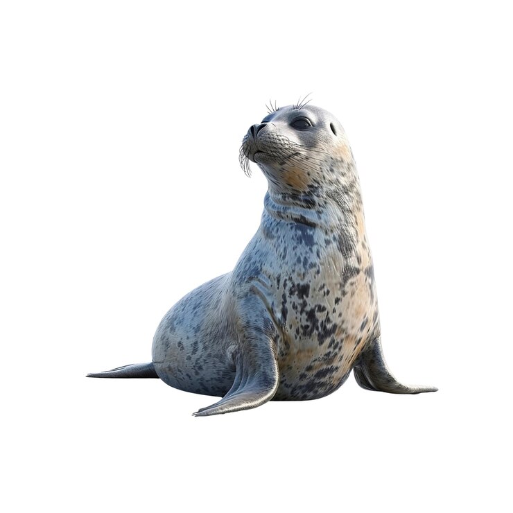 PSD adorável filhote de foca sentado e olhando para cima