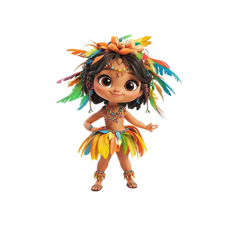 PSD adorável garota animada com colorido chapéu tropical e saia