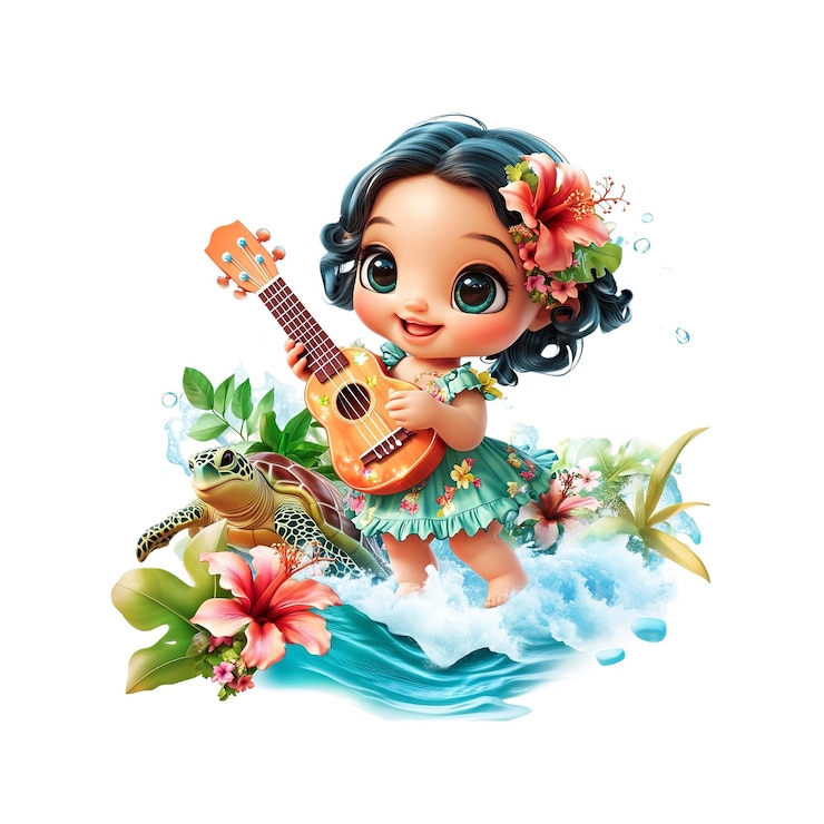 PSD adorável garota de desenho animado tocando ukulele em uma onda tropical com uma tartaruga