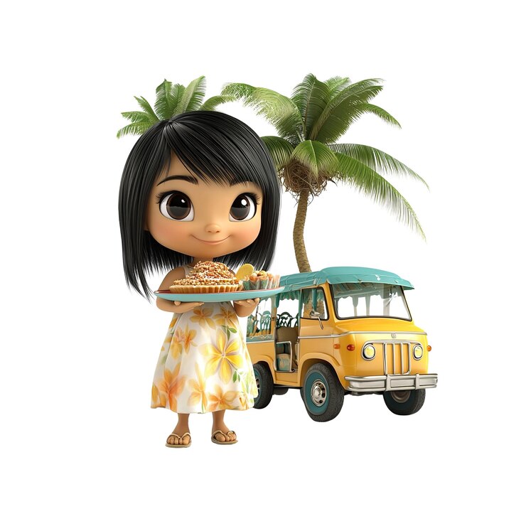 PSD adorável garota de desenho animado vendendo guloseimas tropicais de uma carrinha retro