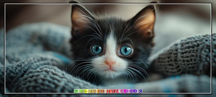 PSD adorável gatinho preto e branco com olhos azuis piercing espreitando para fora de um cobertor de tricô