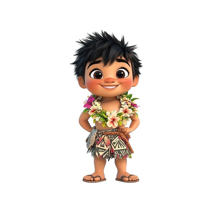 PSD adorável menino polinesiano de desenho animado em roupas tradicionais e flores lei