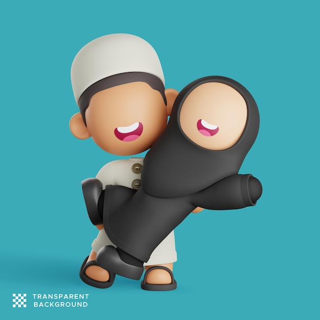 Adorável personagem de desenho animado muçulmano 3d carregando alegremente sua amada mulher