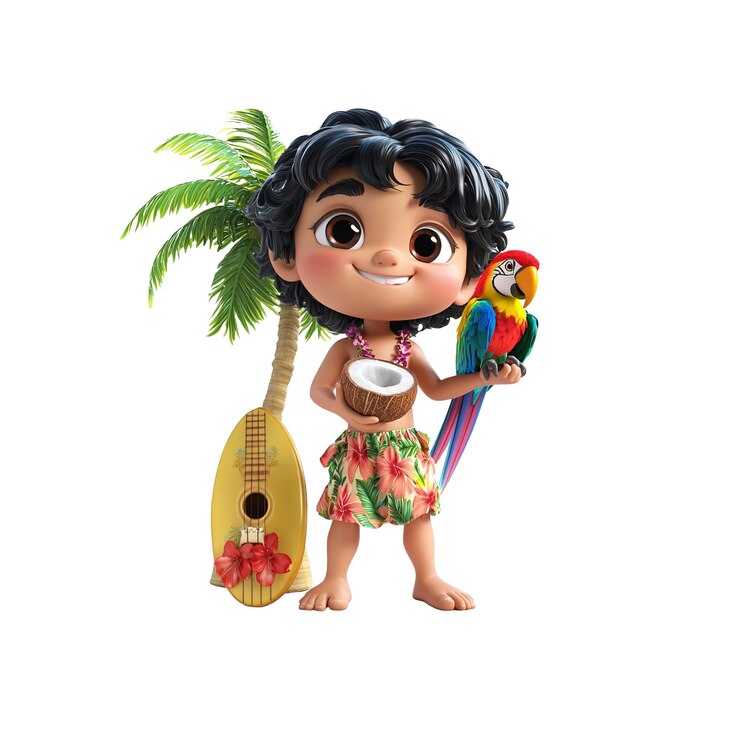 PSD adorável renderização 3d de um menino polinês com um papagaio e um ukulele
