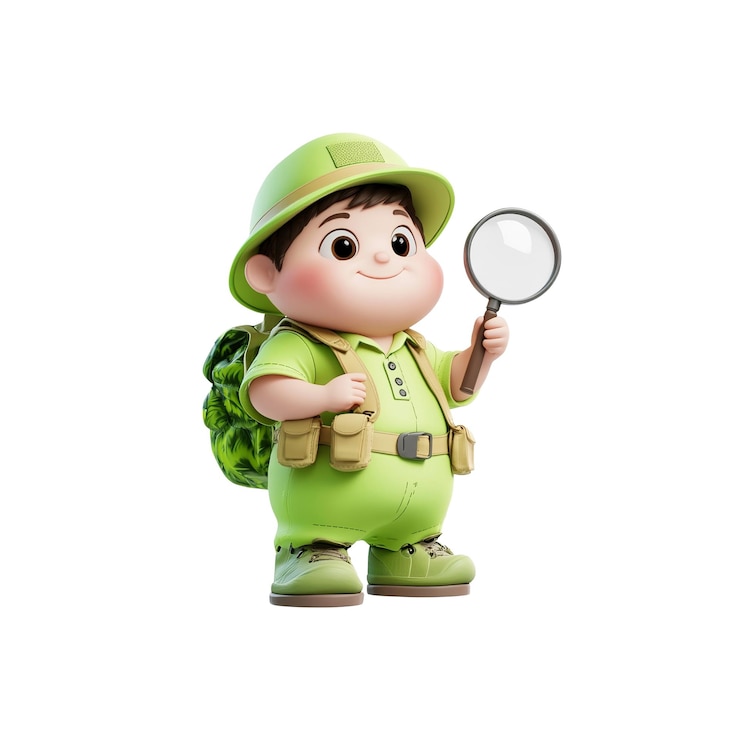 PSD adorável renderização 3d de um pequeno explorador com lupa