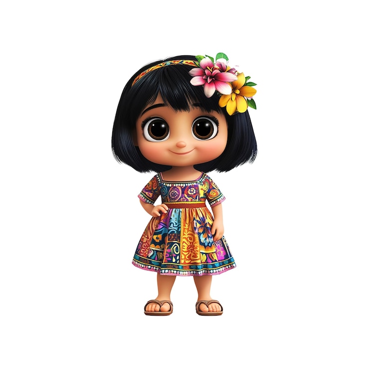 PSD adorável renderização 3d de uma menina em um vestido tradicional vibrante com flores no cabelo
