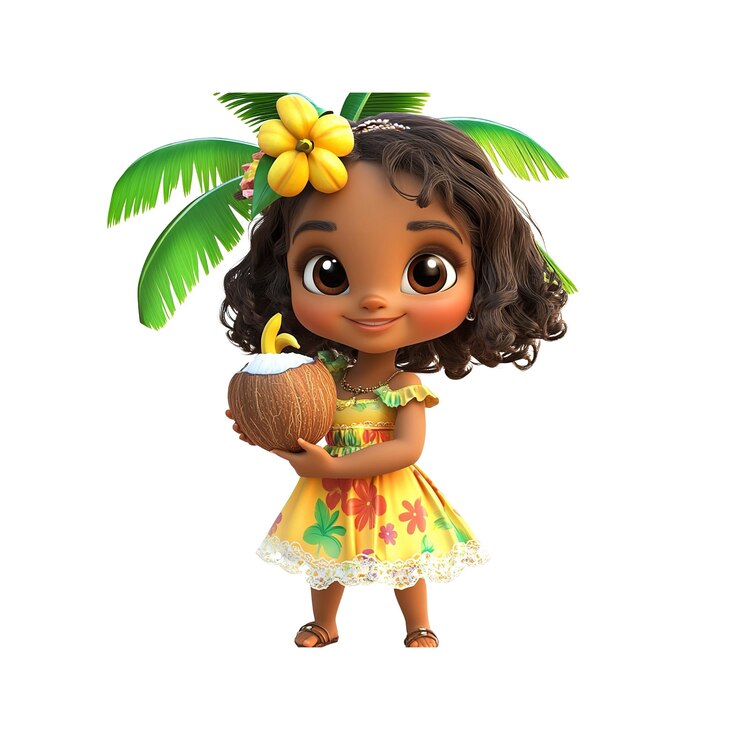 PSD adorável renderização 3d de uma menina em um vestido tropical segurando um coco