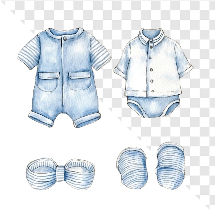 PSD adorável roupa de menino, aquarela, set de design de roupa doce.