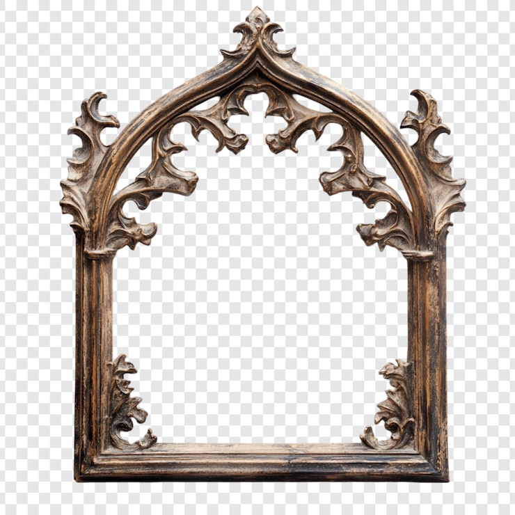 PSD adornado marco de madera antiguo diseño de arco gótico acabado marrón en apuros marco de imagen vacío