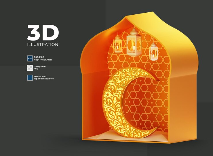 PSD adorno de ramadán 3d con linterna y mezquita