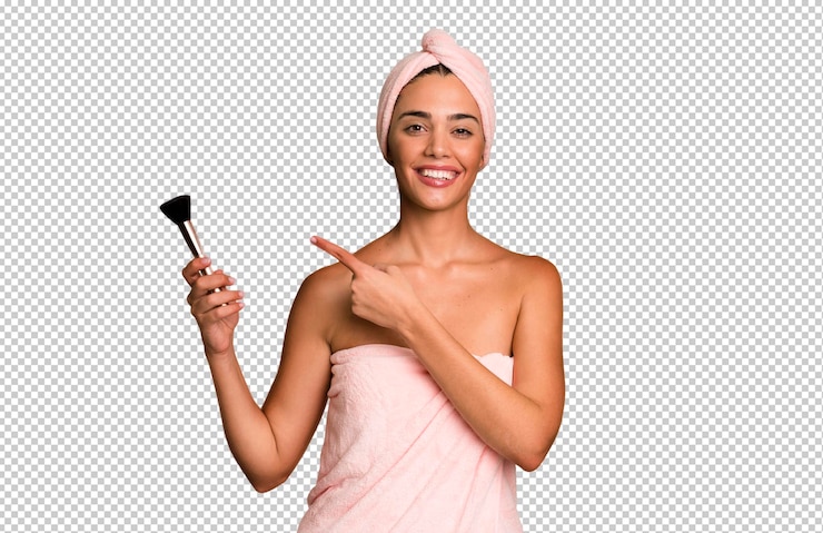PSD adulto joven hispano y mujer expresiva con albornoz belleza y concepto de maquillaje