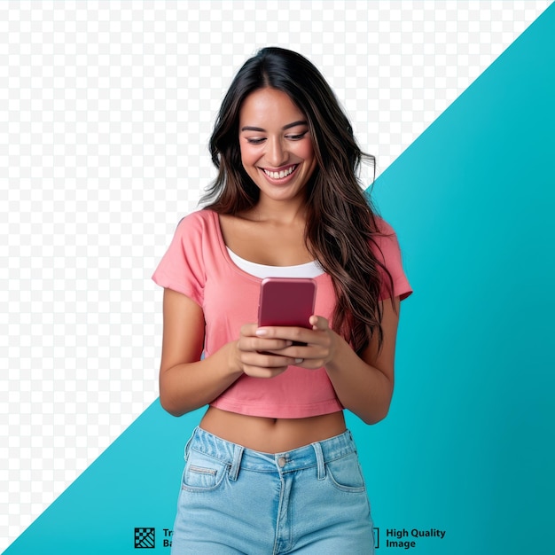 PSD adulto joven, sonriente, feliz, bastante, mujer latina, tenencia, teléfono móvil, dispositivo, hacer, comercio electrónico, compras en línea, en, celular, utilizar, aplicaciones, en, teléfono celular, posición, aislado, en, azul, fondo aislado