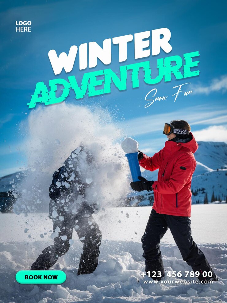 Adventure Winter Snow Sports Mountain Business Flyer Poster 3D per i social media Post Template Design