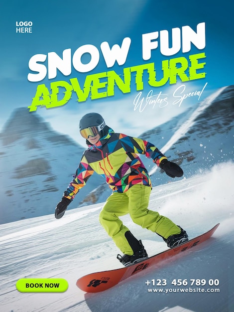 Adventure Winter Snow Sports Mountain Business Flyer Poster 3D per i social media Post Template Design