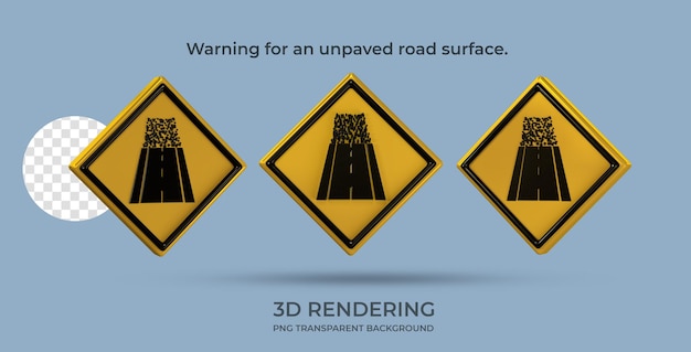 PSD advertencia de señal de tráfico para una superficie de carretera sin pavimentar 3d renderizado fondo transparente