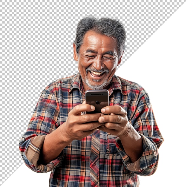 PSD Ältere südasiatische männer, die glücklich aussehen, während sie ihr telefon in isolierter kulisse halten.