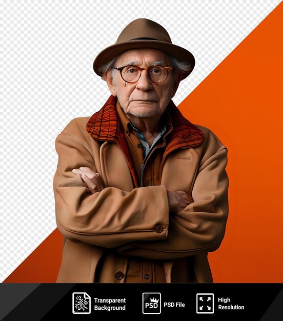 Älterer mann mit brille und hut posiert gegen eine orangefarbene wand mit gekreuzten armen, braune jacke, schwarzer knopf