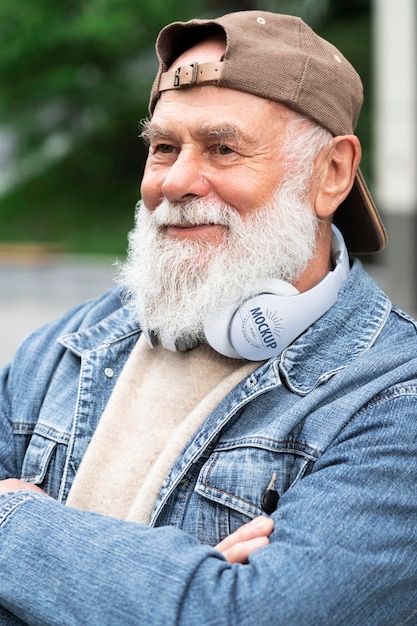 Älterer mann mit mock-up-kopfhörern