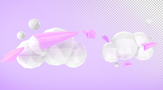 Aerei di carta volanti nel cielo viola con nuvole rendering 3d Concetto di inviare e-mail o messaggio nei social media business marketing banner di viaggio dei cartoni animati Design moderno alla moda low poly Illustrazione 3D
