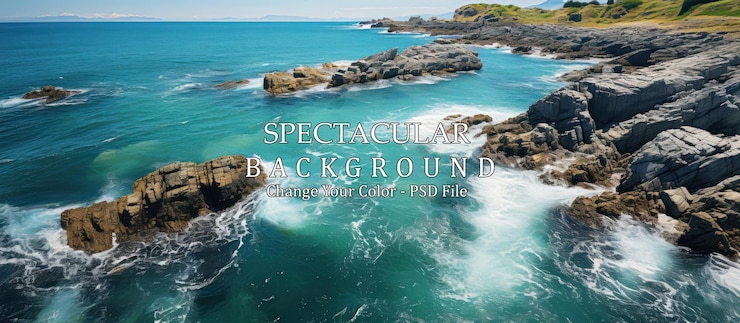 PSD aerial view of a beautiful seascape with rocks and waves