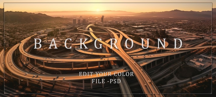 PSD aerial view of a complex freeway interchange at sunset