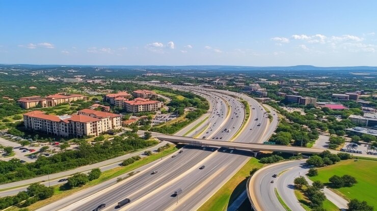 PSD aerial view of a highway and surrounding buildings