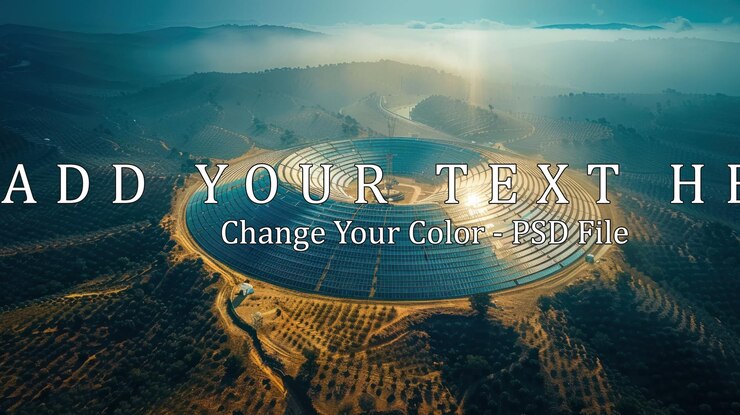 PSD aerial view of a large solar farm with thousands of solar panels capturing sustainable energy from the sun concept of renewable energy clean power and environmentalism