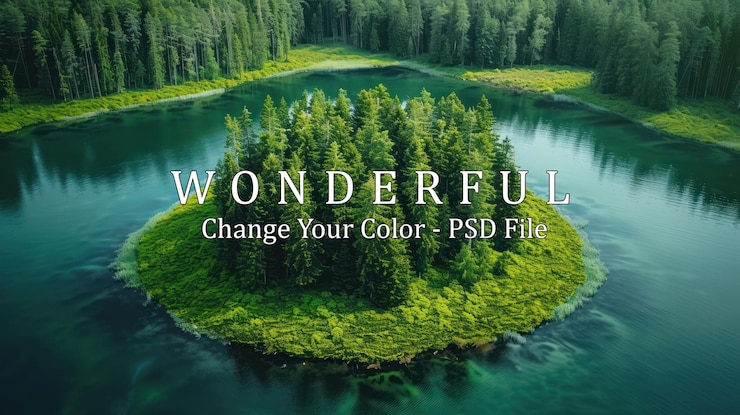 PSD aerial view of a lush island in a turquoise lake