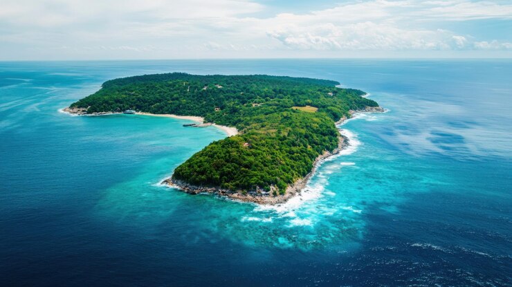 PSD aerial view of a lush tropical island