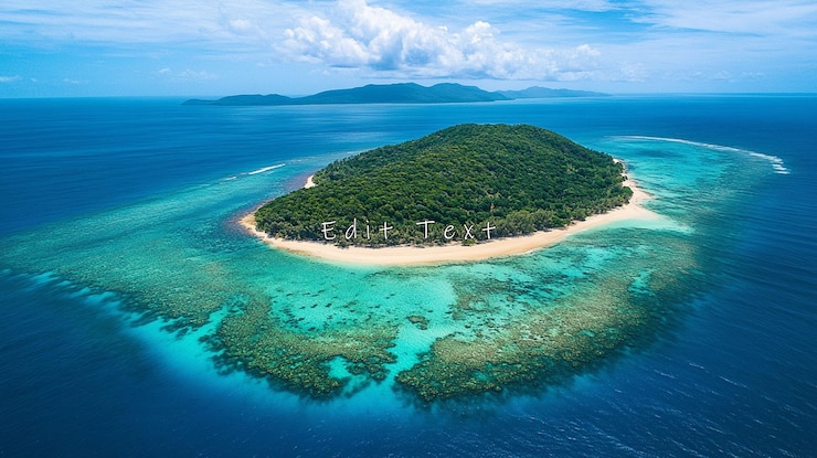 PSD aerial view of a tropical island with a white sand beach and vibrant coral reef