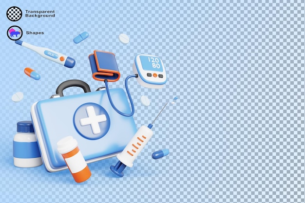 Ärzteausrüstung 3D-Rendering-Banner Notfallmedizin mit Erste-Hilfe-Medizinbeutel elektronisches Blutdruck-Tonometer Thermometer Spritze Pillen und Medikamente auf blauem Hintergrund