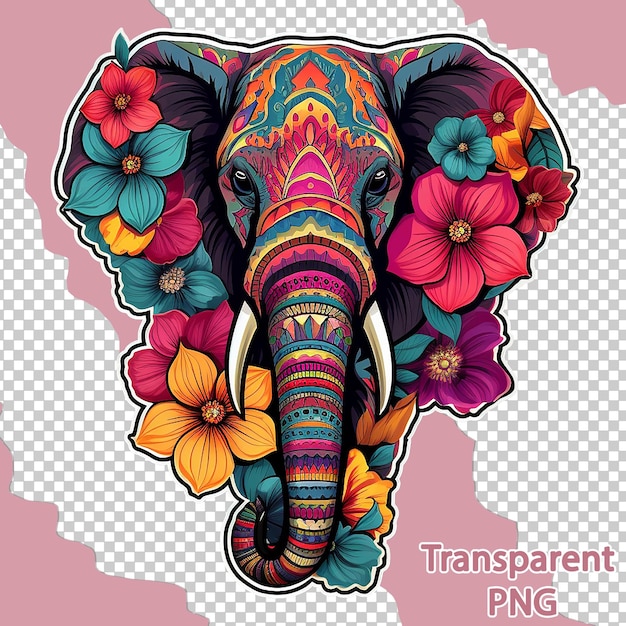 PSD Ästhetische blumen-elefanten-illustration auf farbenfroher vektorkunst auf durchsichtigem hintergrund