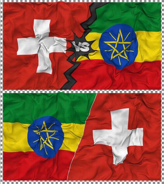 Äthiopien gegen die Schweiz Halbkombinierte Flagge Stoff-Bump-Textur 3D-Rendering