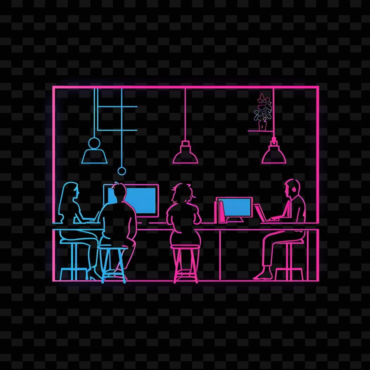 PSD affascinante ufficio della campagna neon con volontari e personale land neon line art city view
