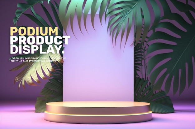 PSD affichage abstrait du podium pour la présentation du produit avec des nuages légers et des feuilles de palmier tropical 3d