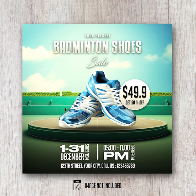 PSD affichage de produits de chaussures de badminton 3d podium flyer carré post de conception de bannière sur les réseaux sociaux