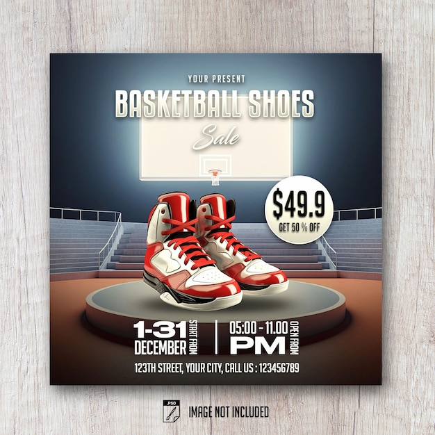 PSD affichage de produits de chaussures de basket-ball 3d podium flyer carré bannière de conception de médias sociaux