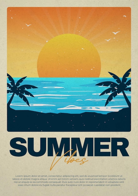 PSD affiche a4 vintage summer vibes avec fond d'illustration