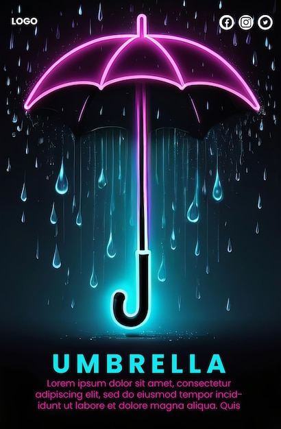 Affiche Abstraite Créative Avec Design De Parapluie Et De Pluie Au Néon