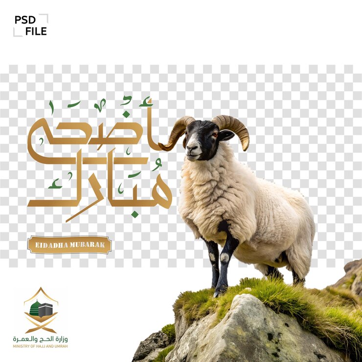 PSD affiche de l'aïd al-adha mubarak avec des écritures arabes sur un fond transparent