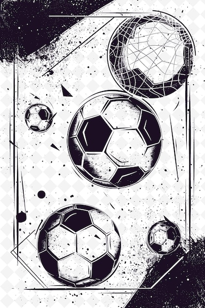 PSD une affiche avec des balles de football et un fond noir et blanc