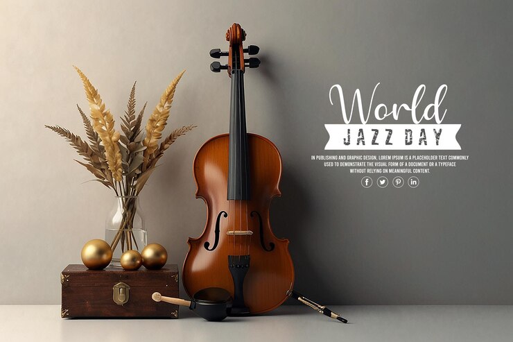 PSD affiche ou bannière de la journée internationale du jazz avec saxophone avec instruments de musique