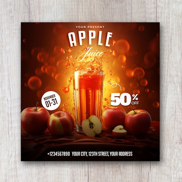 Affiche de bannière de médias sociaux pour la promotion du jus de pomme