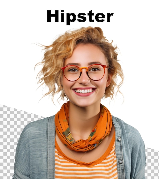 PSD une affiche d'une belle femme hipster avec un sourire avec le mot hipster sur le dessus