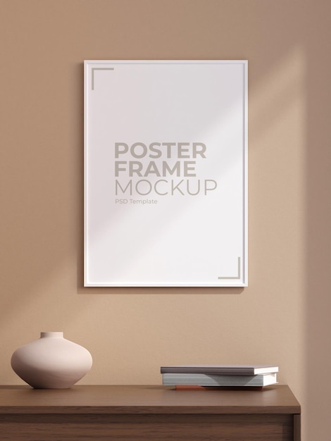 Affiche Blanche De Portrait Minimaliste Ou Cadre Photo Dans Un Design D'intérieur De Mur De Salon Moderne Avec Vase Et Rendu 3d D'ombre