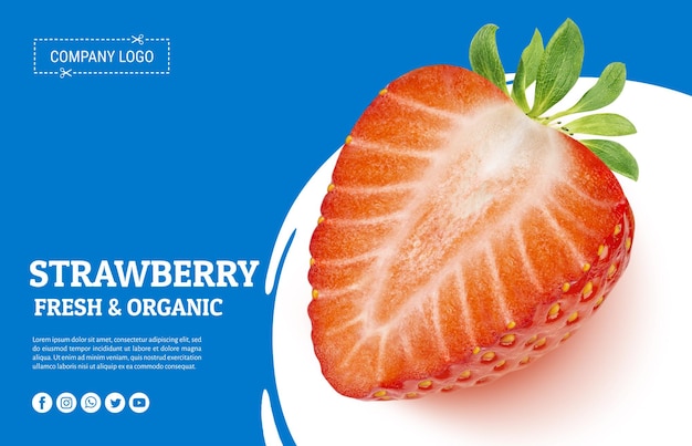 Une affiche bleue et blanche avec une fraise dessus.