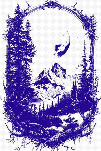 PSD une affiche bleue et pourpre avec une montagne et des arbres