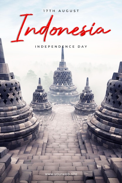 PSD affiche de célébration de la fête de l'indépendance de l'indonésie avec fond de temple de borobudur